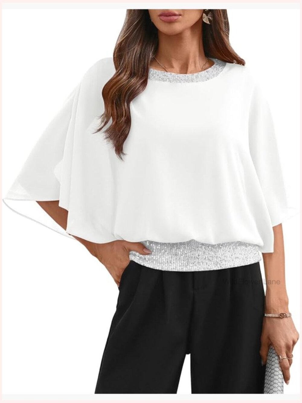 Sequin Formal Wedding Top Batwing Sleeve Chiffon Party Shirt
